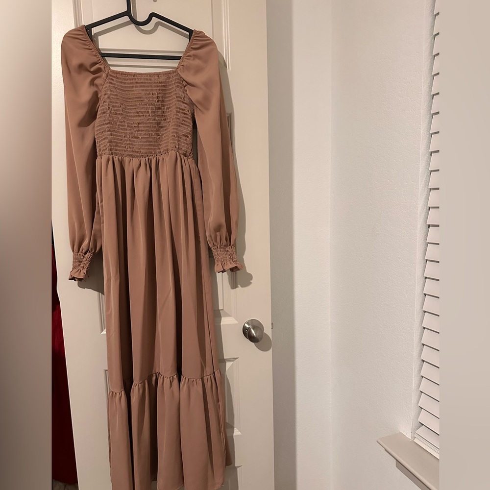 Elegant Tan Long Sleeve Dress
